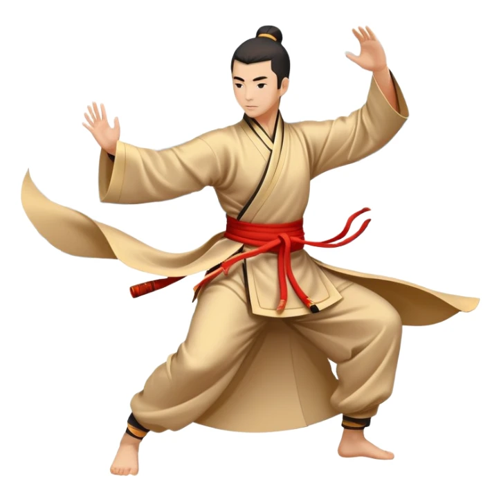 Emblem symbolizing Wushu martial arts. A graceful martial artist performs a dynamic kung fu pose, with flowing movements and a long, elegant robe. The background features stylized clouds and traditional Chinese symbols, representing fluidity, balance, and precision. Transparent background. sticker