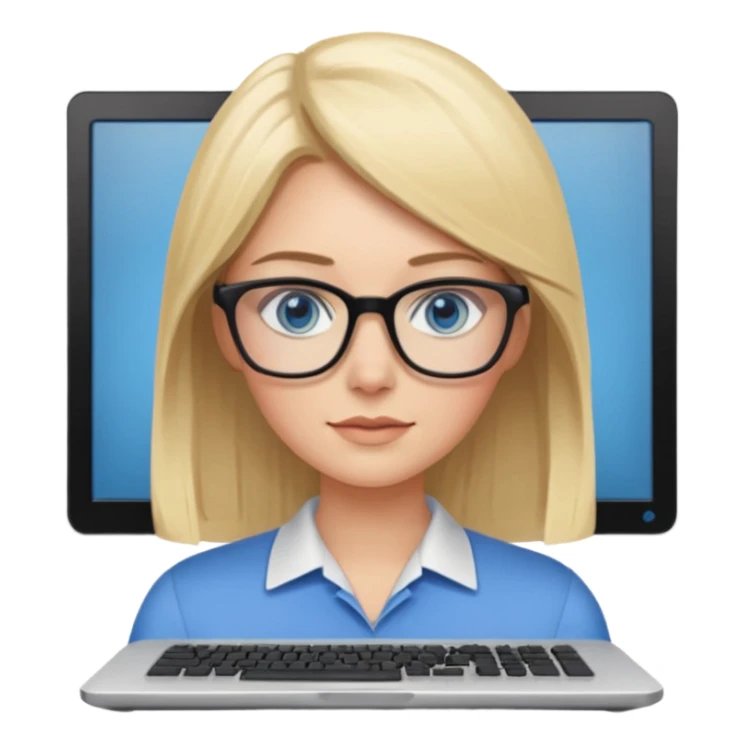 donna, occhi azzurri con occhiali, capelli medi, lisci e biondi, lavora al pc. sticker