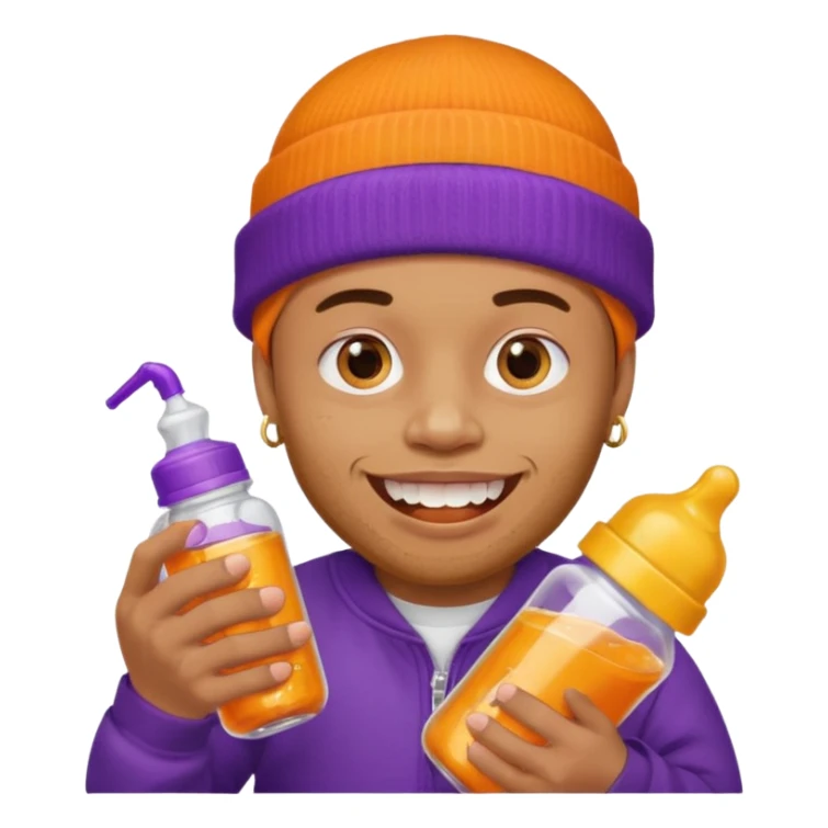 guy with orange beanie with gold teeth grillz holging a baby bottle with purple liquid sticker