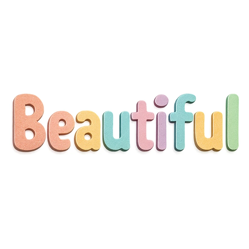 the word 'Beautiful' in soft pastel rainbow colors, rounded sans-serif font, kawaii style, no outline, 3D paper-craft effect sticker