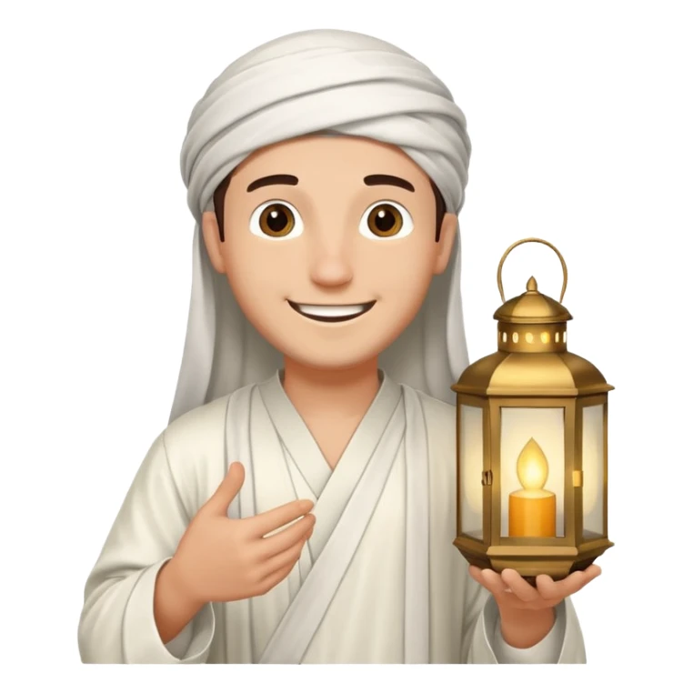 Young man with a happy smile, wearing a traditional white thobe and holding a lantern. sticker