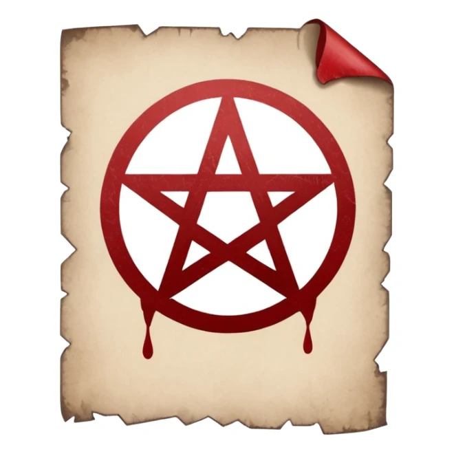 Minimalist emoji-style sticker of a blank torn contract with a pentagram stamp and drop of muted red ink. Gothic feel, flat design.
 sticker