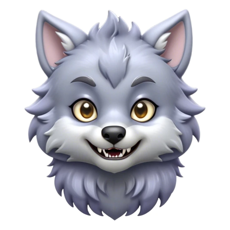 Cinematic Cute Werewolf Portrait Emoji, with a cuddly, miniature lupine form in soft moonlit grays and silvers, featuring oversized sparkling eyes and a sweet, endearing snarl, simplified yet irresistibly adorable, highly detailed with a gentle glowing outline that captures the playful, heartwarming essence of a little werewolf! sticker