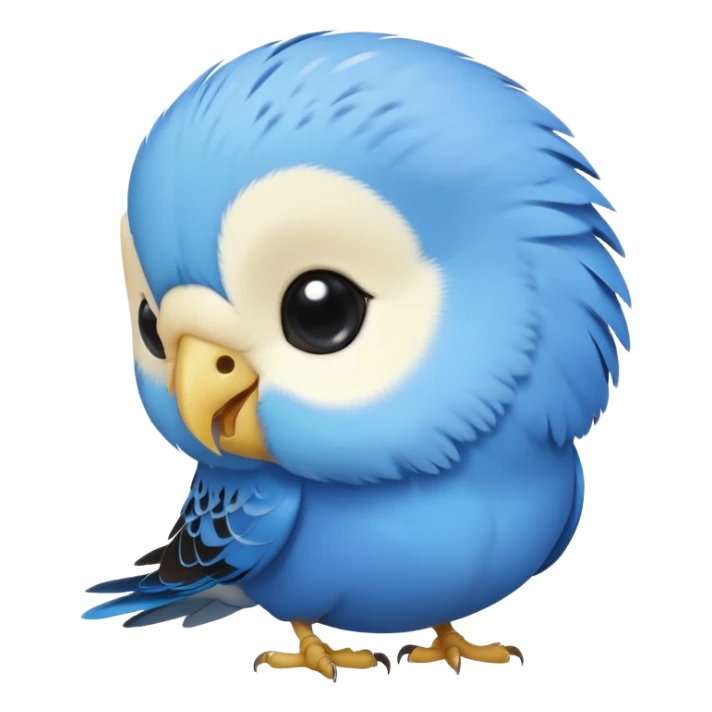 cinematic-cute-blue-budgie-portrait-emoji,-head-tilted-playfully-and-inquisitively,-featuring-a-brilliant-blue-feathered-fur-and white and black face-with-a-natural-sheen,-round,-sparkling-dark-eyes-filled-with-curiosity,-simplified-yet-irresistibly-adorable sticker