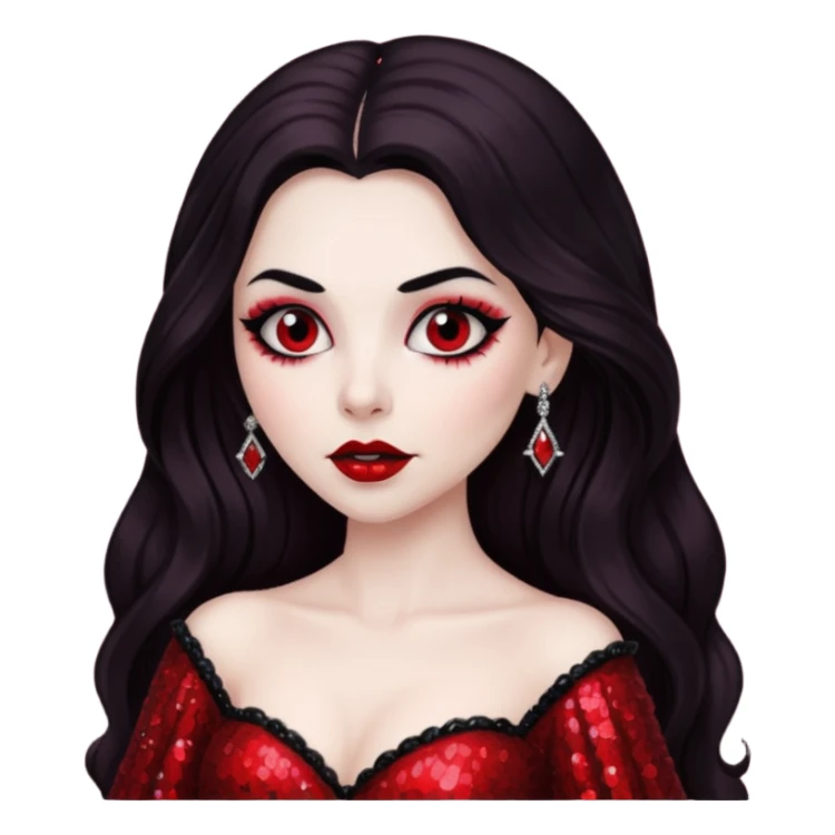 Bride of Dracula with long dark brown hair, red sequin outfit sticker
