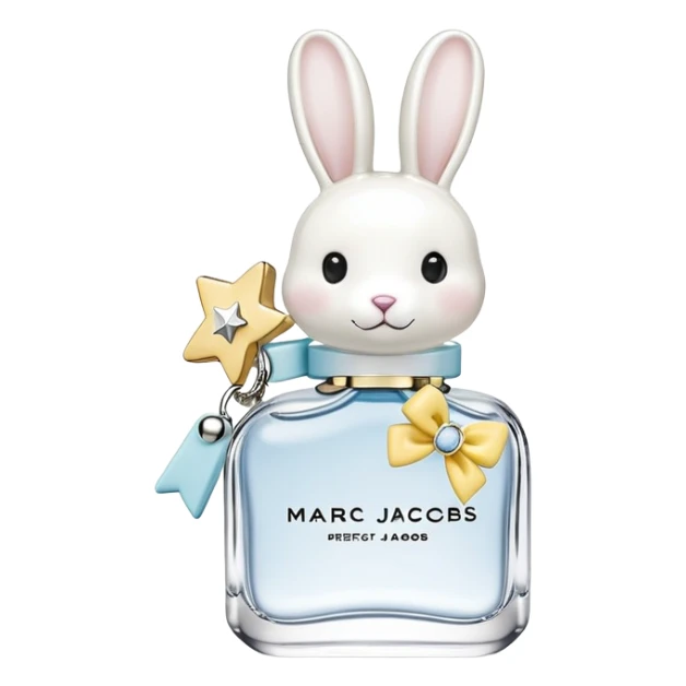 Create an emoji of a clear perfume bottle labeled ‘Perfect Marc Jacobs’ with a silver cap topped with fun charms: a silver star, white bow, yellow ring, blue rabbit, and domino tile. Soft pastel colors, cute and playful style sticker