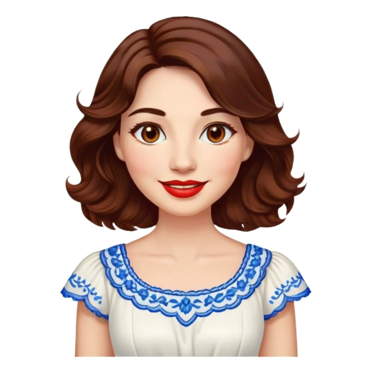 Professional woman at 40 with bright complexion, round face, big lively light brown eyes, wide friendly smile, vibrant red lips, voluminous wavy dark brown hair to shoulders, white summery dress with blue embroidery and electric blue neckline sticker