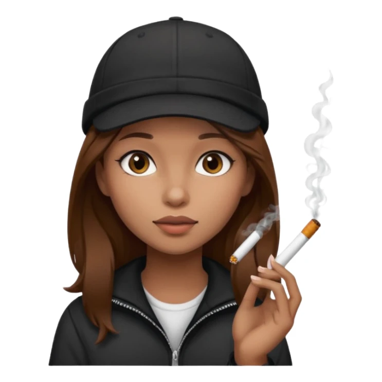 A girl with brown hair with a cigarette and a black cap sticker