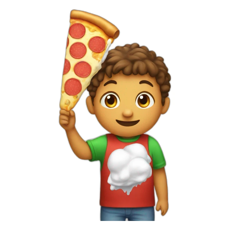 A kid with a pizza balloon eating an ice cream sticker