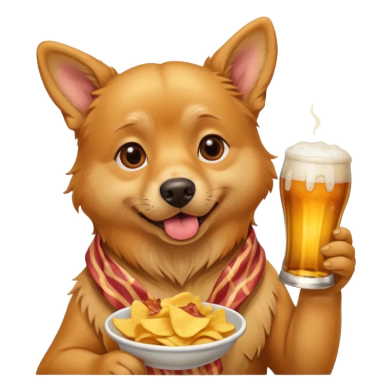 A realistic Dog eating chips and drinking beer on a piece of bacon sticker