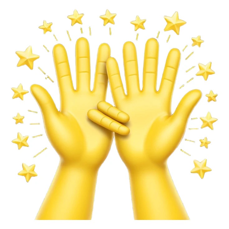 A 3D digital emoji of two yellow cartoon hands doing a joyful high five, palms clapping together in the air, with bright sparkles and motion lines to show excitement and celebration, Apple emoji style sticker