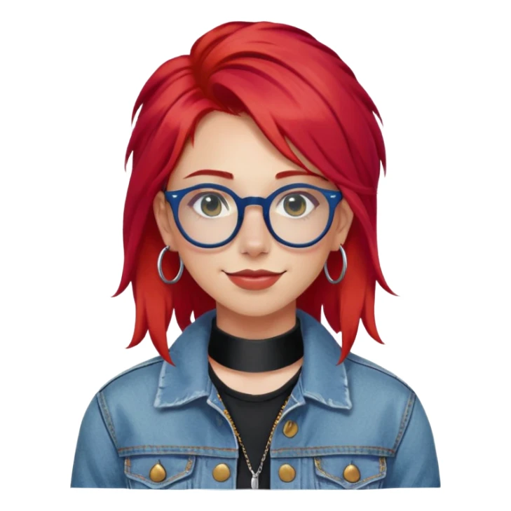 front-facing young woman, bright red hair, blue glasses, black choker, septum ring, denim jacket, subtle smile, olive white skin sticker