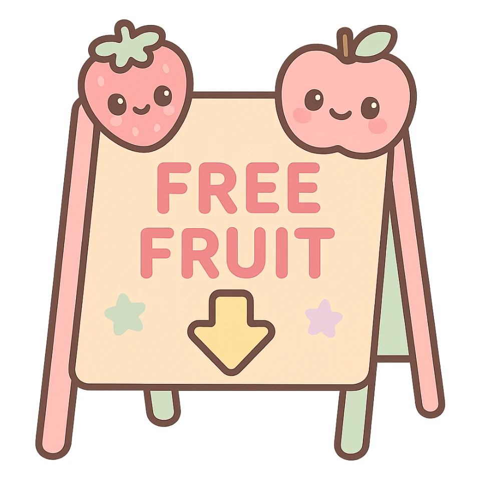 sign for a fruit stall giving away free fruit, kawaii chibi anime style, flat pastel colors, thick outlines, simple cute features sticker