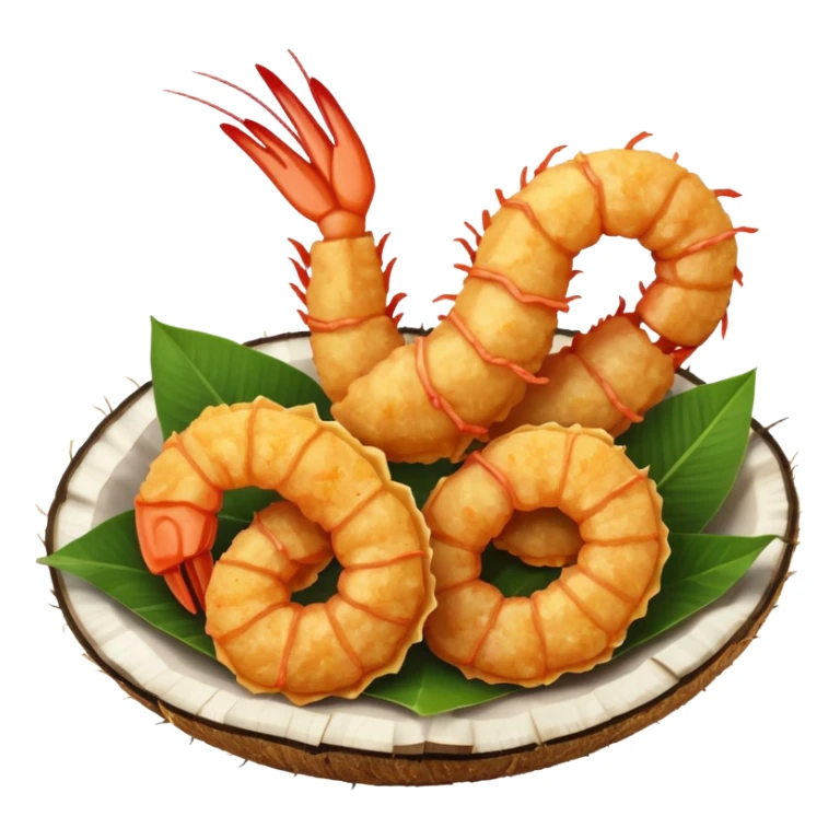 coconut shrimp, whole shrimp coated in golden coconut flakes, simple apple emoji style sticker