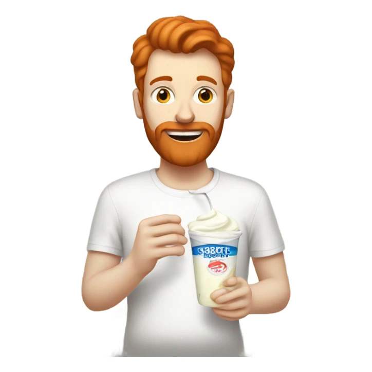 Tall white man short red hair and beard eating a vanilla yogurt from a long plastic baggie sticker