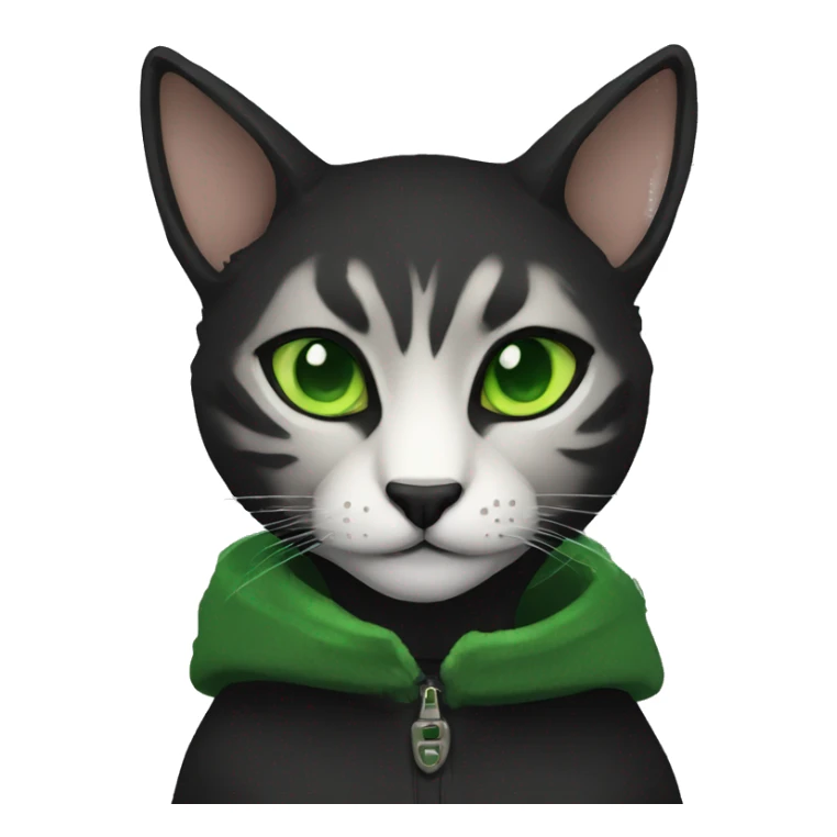 black fur tabaxi with green eyes wearing black hood sticker