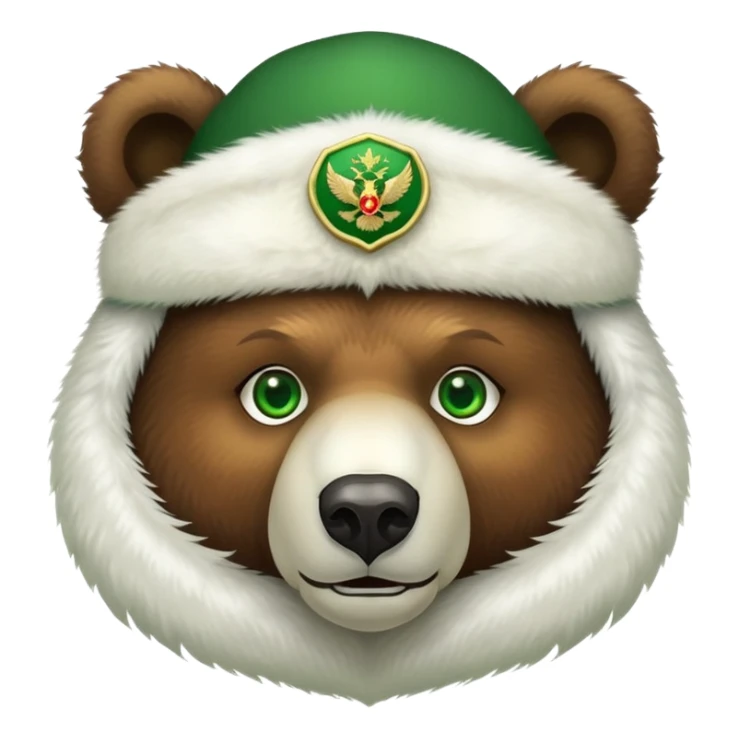 Friendly brown bear face with bright green eyes in a white fur ushanka with centered double-headed eagle emblem, Russian styled sticker