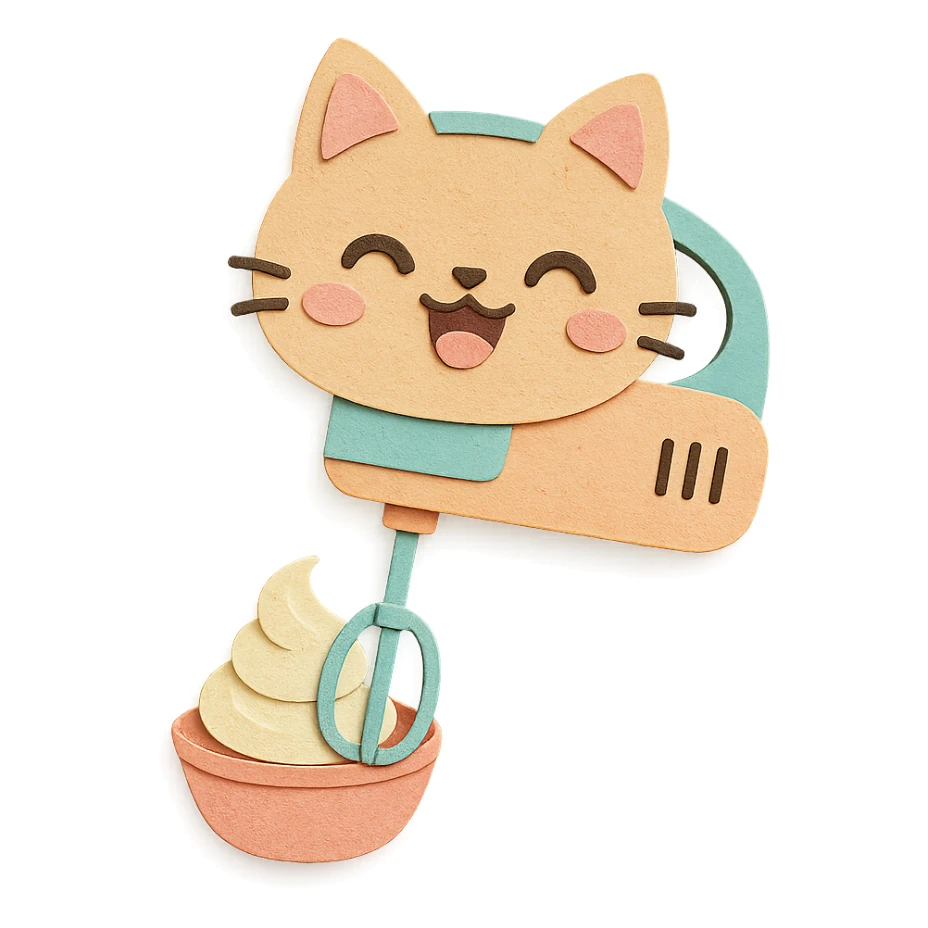 chibi cat-shaped electric whisk, spinning cream with a joyful expression, pastel colors, full-body sticker
