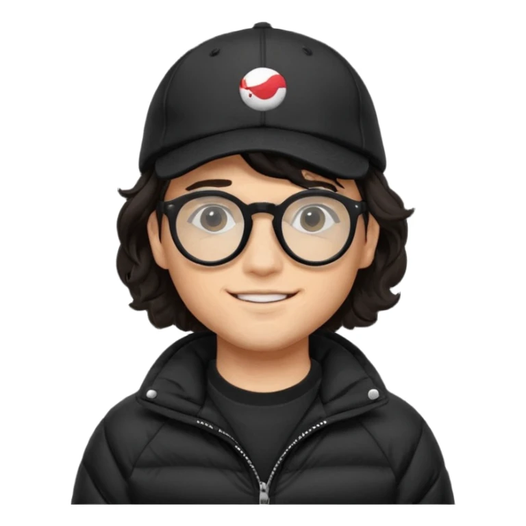 Young man wearing a black puffer jacket, black baseball cap, round black glasses, wavy hair peeking out from under the cap, smiling
 sticker