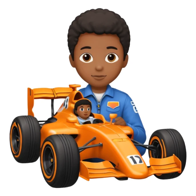 black kid playing orange formula 1 toy sticker