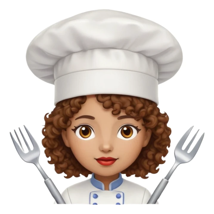 Light brown skinned mixed-race female chef with medium-length curly brown hair, wearing a chef's hat (toque), with both an angel halo and devil horns on her head sticker