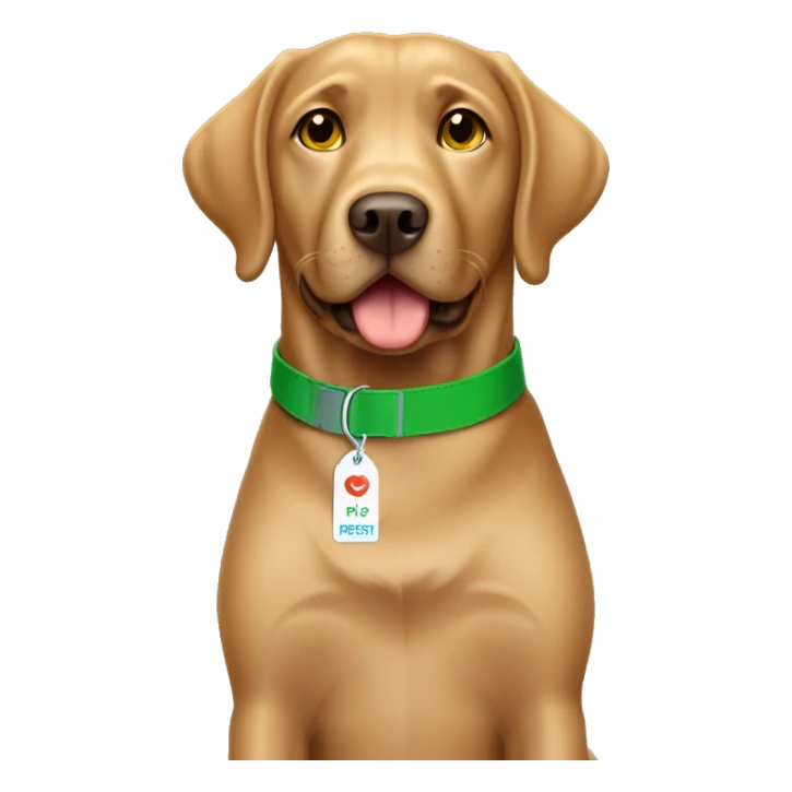 Light brown chocolate Labrador wearing green collar looking straight with name tag CHIP sticker