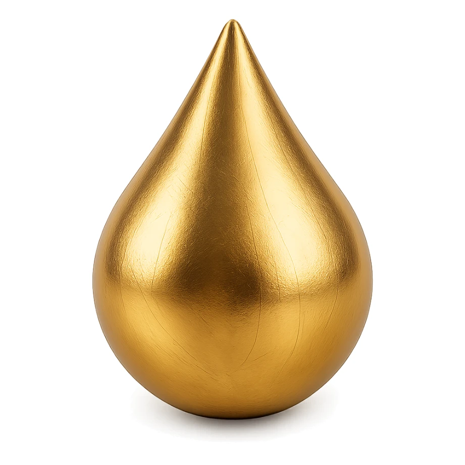 a single gold drop, shiny and metallic, gold emoji style, with a slight reflection sticker