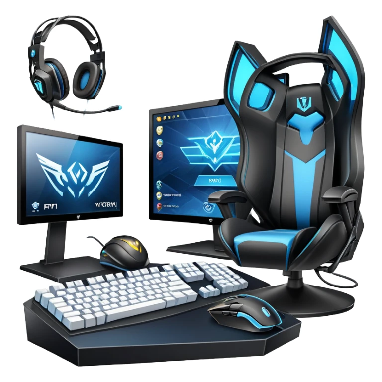 An icon featuring a gaming setup with a high-tech monitor displaying a competitive game, a keyboard, and a gaming mouse. The design includes a headset and a trophy, symbolizing victory and skill in esports. Transparent background highlights the energy and precision of professional gaming. sticker