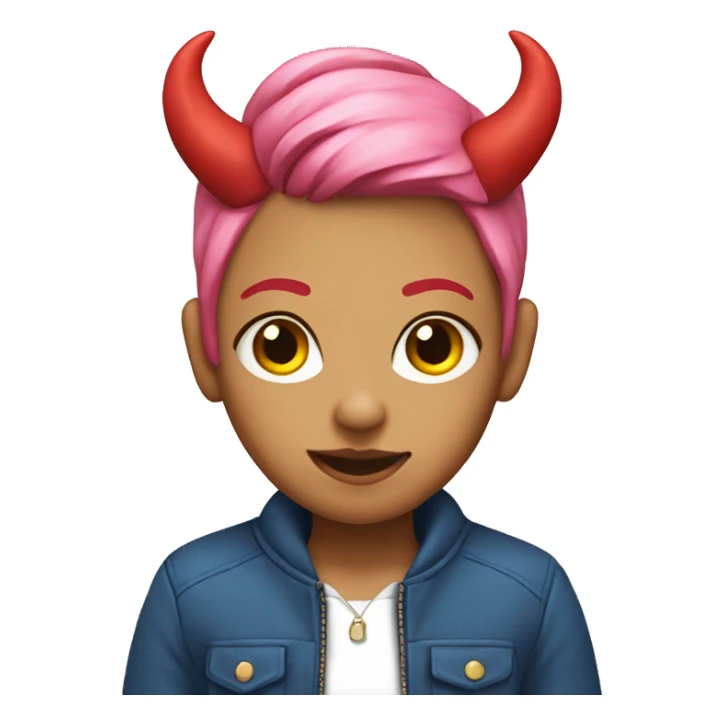 Girl with pink hair and red devil horns and a blue jacket sticker