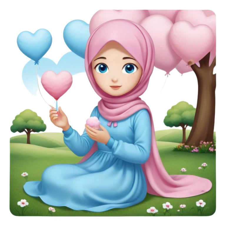 Turkish beautiful finish Konya girl blue eyes with cotton candy hijab long tail dress and sits on the grass on the ground and sends hearts with her hand  sticker