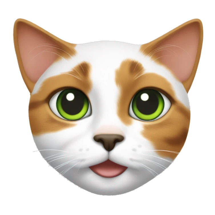 calico cat with green eyes.  Black circles around her eyes. Orange forehead, nose and mouth.  chest and front legs are mostly white, sticker