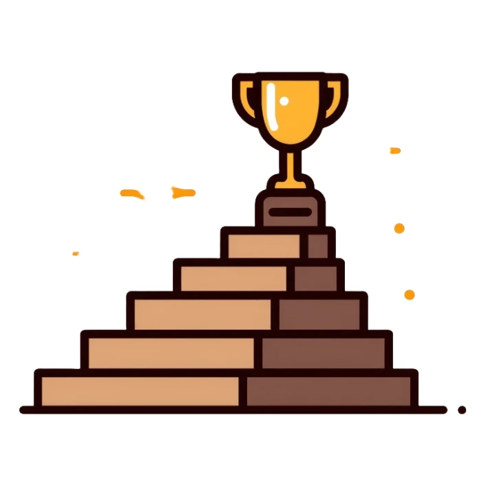 Path to success logo with steps or staircase leading upward to a trophy or achievement symbol, using brown shades and golden accents sticker