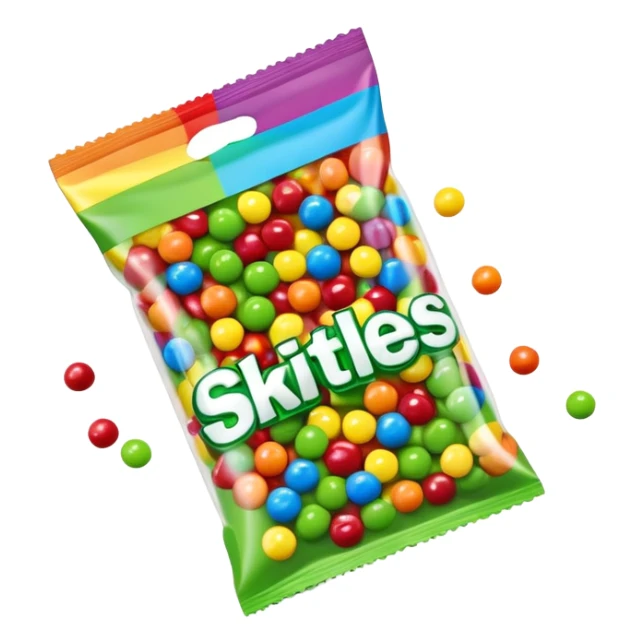 A Skittles candy package opened from the top with green candies spilling out. Minimalist design with rainbow packaging. sticker