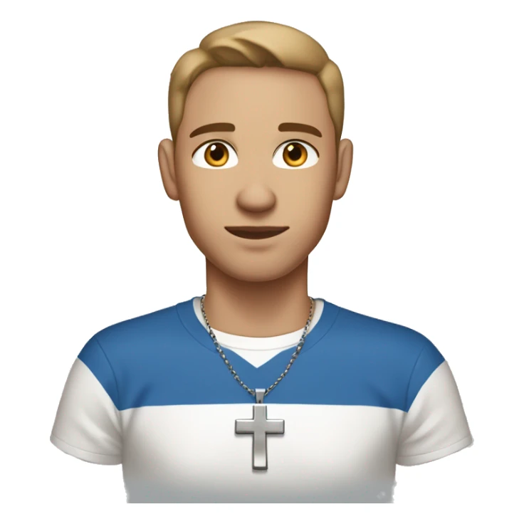 A guy with blue eyes, light skin, shaved brown hair under 0.5, wearing white T-shirt, a silver earring piercing with a cross on one ear. sticker