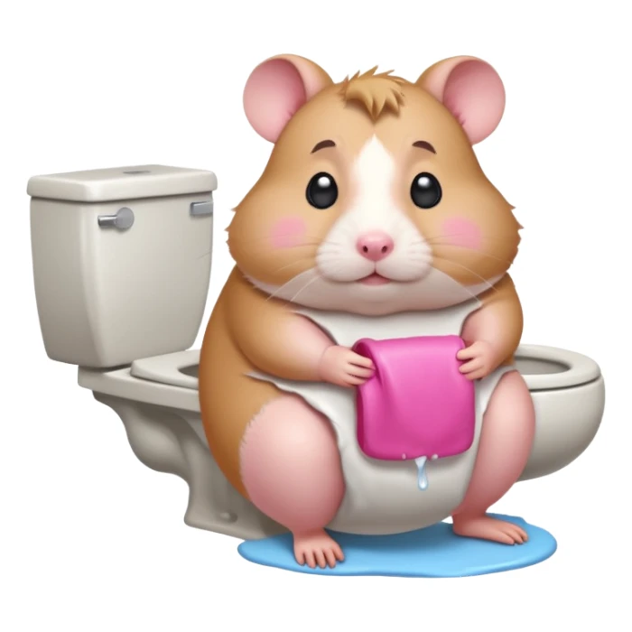 Cute chubby cartoon-style hamster sitting on toilet pooping looking as if he had an accident sticker