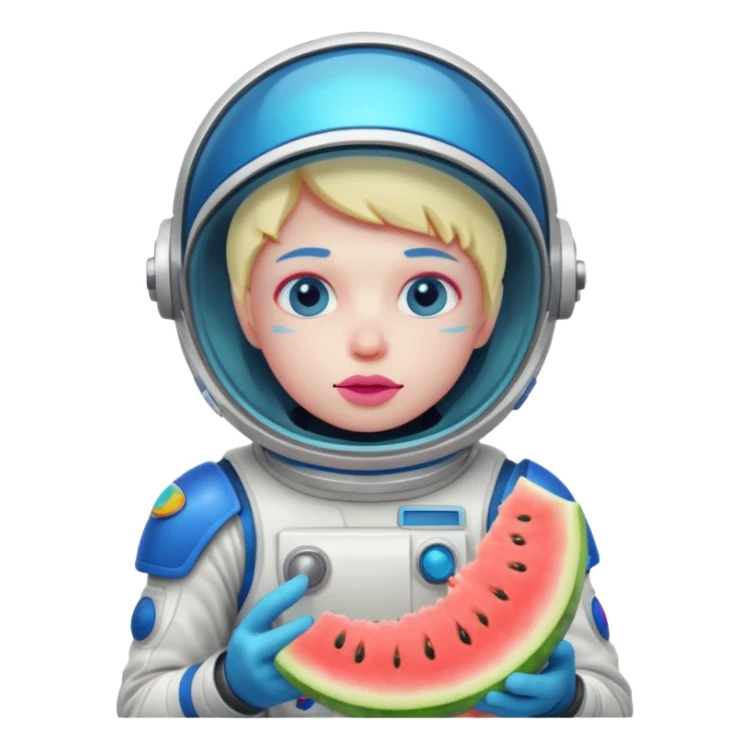 Neon pink and blue spaceman eating melon looking suspicious sticker