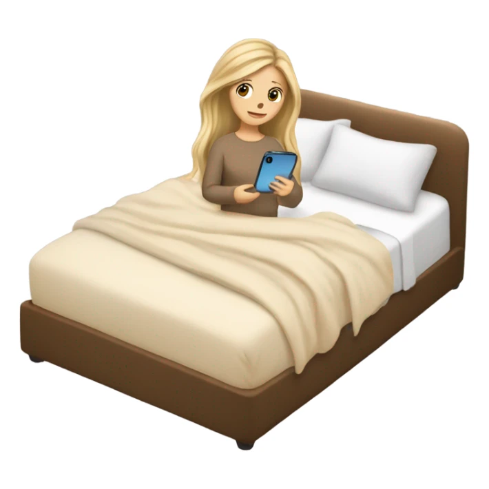 white girl with long hair in a bed with beige comforter on her phone sticker