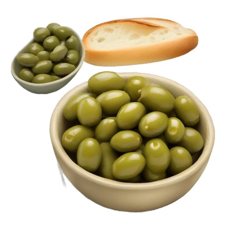 bowl of green olives beside a sliced baguette with butter   sticker