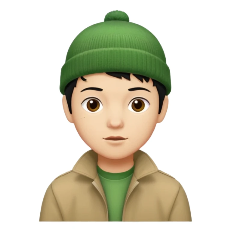 young man with pixie cut black hair, green beenie hat, tan jacket and pork chop sideburns sticker