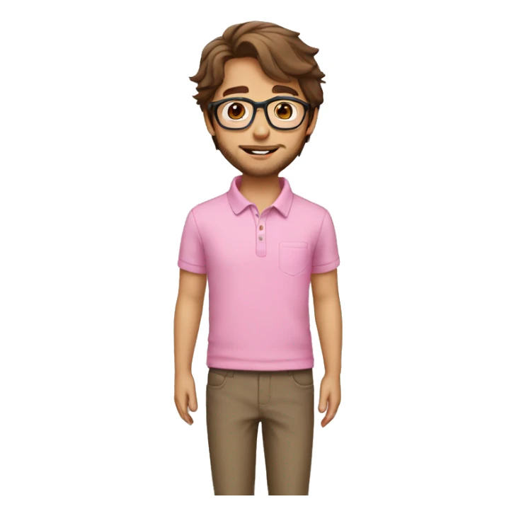 brown hair boy with beard small kids glasses and pink polo sticker