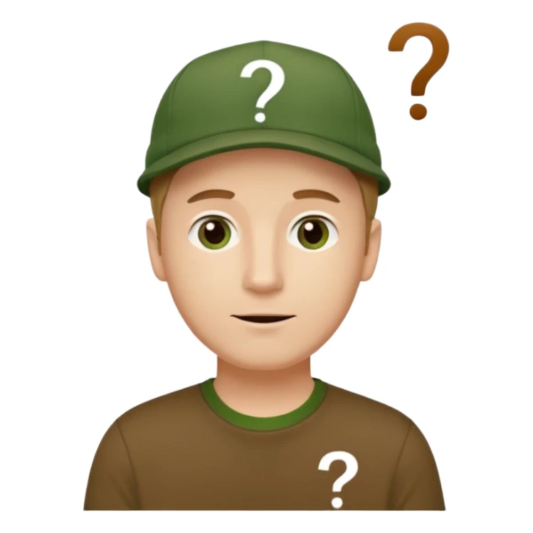white fat man with brown cap and green t shirt printeed a question mark sticker