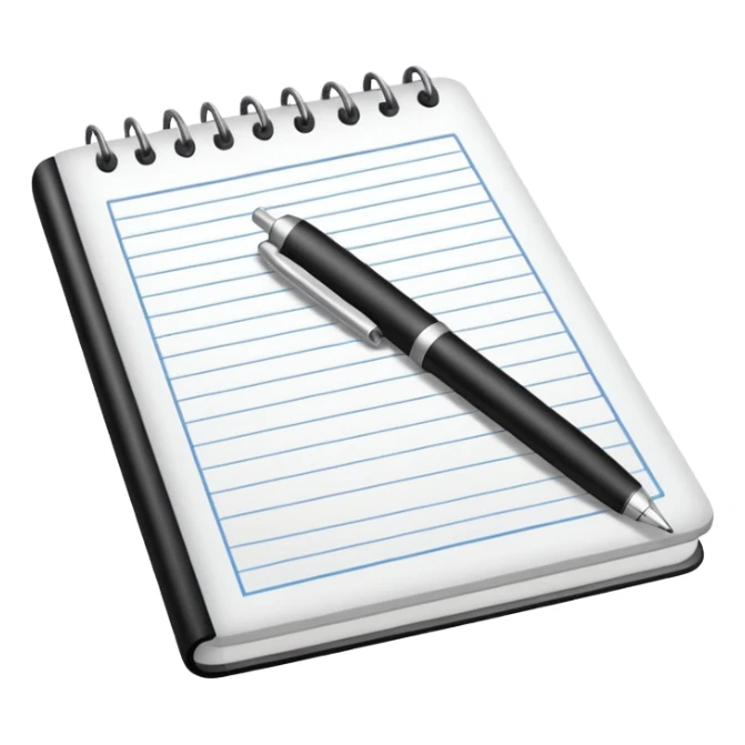 Front-facing notebook icon with a pen on the right side, minimal line-art, clean modern style, perfectly straight angle (no tilt), simple outlines, slightly 3D, no background, transparent, “documenting / journaling / tracking progress sticker