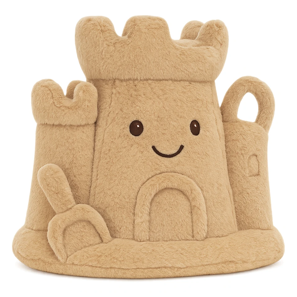 a stuffed animal jellycat shaped like a sand castle, soft plush texture, cute details sticker