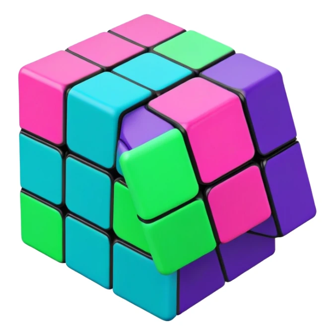 A 3x3 Rubik's Cube in mid-turn, showing movement, with vibrant 90s American colors like neon green, purple, turquoise and hot pink sticker