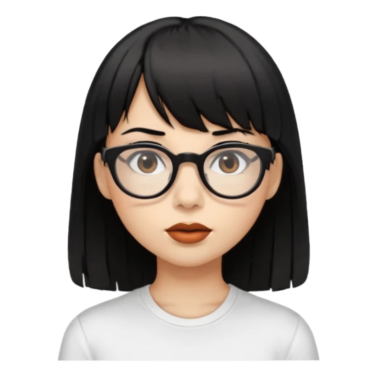 uma mulher snapchat icon, cor da pele normal, cabelo preto liso solto médio com franja, óculos pretos, piercing na boca e nariz, olhos castanhos, camisa branca sticker