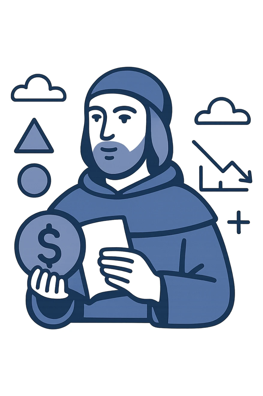 flat design logo for a fintech startup, referencing Luca Pacioli, with abstract mathematical symbols and clean lines sticker
