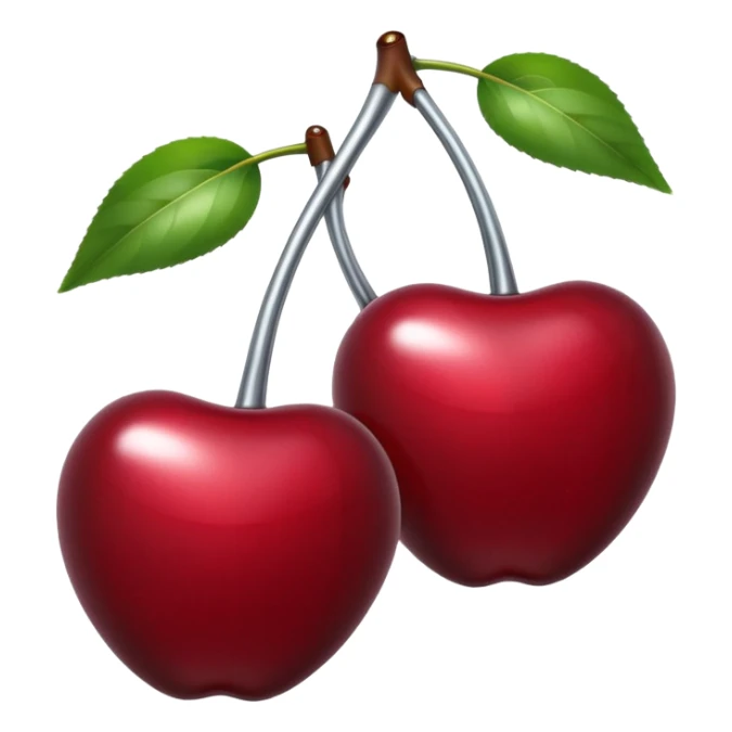 A pair of cherries emoji made of liquid silver chrome, smooth rounded shapes, glossy metallic surface, subtle sensual vibe, luxury sexy aesthetic, iOS emoji style, centered, clean white background sticker