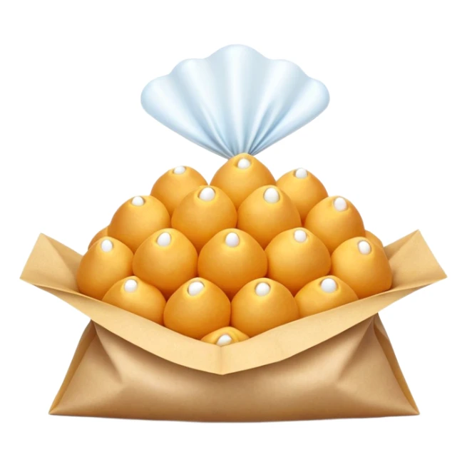 3D rendered mini Hong Kong egg puffs (鸡蛋仔) in paper bag, authentic bubble pattern, vibrant golden color, hyper-realistic texture, glossy finish, detailed individual bubbles, traditional street food presentation sticker