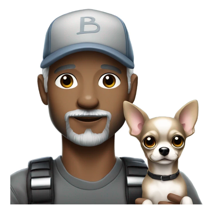 Handsome man with blue eyes, wearing ball cap, with grey hair and goatee beard, holding all black long haired chihuahua sticker