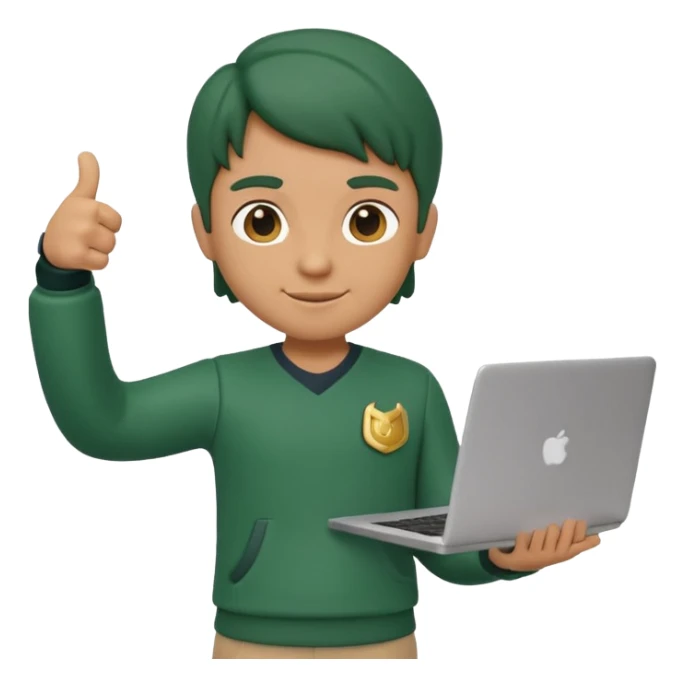 3D clay character standing confident, laptop under arm, thumbs up, deep green (#0B3D2C), cream laptop, gold accents, cute rounded, transparent background sticker